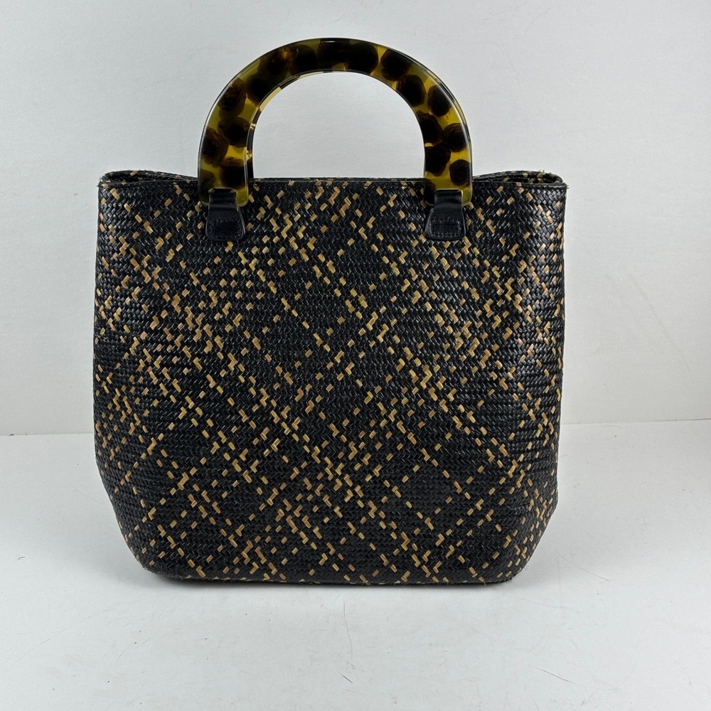 Talbots Woven Tote Bag Tortoise Shell Handle Black‎ Tan Geometric Bohemian